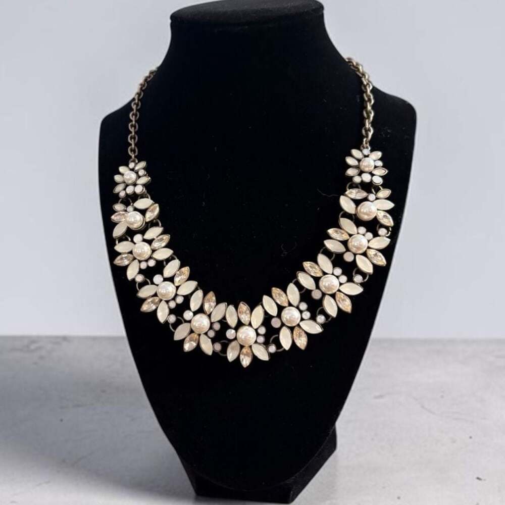 Antique Brass Finish Floral Bib Statement Necklace with Faux Pearls and Crystals